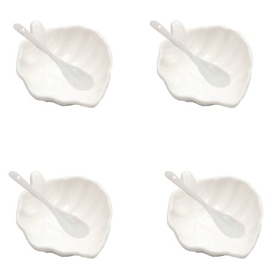 Set 4 boluri din portelan Pufo Leaf pentru aperitive, desert, sosiera, cu lingurite, albe foto