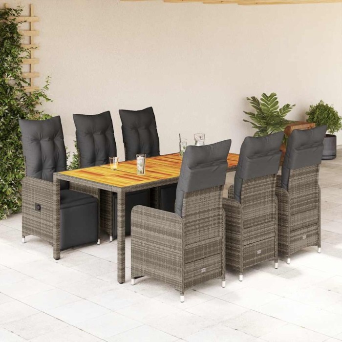 Set bistro de grădină cu perne, 7 piese, gri, poliratan