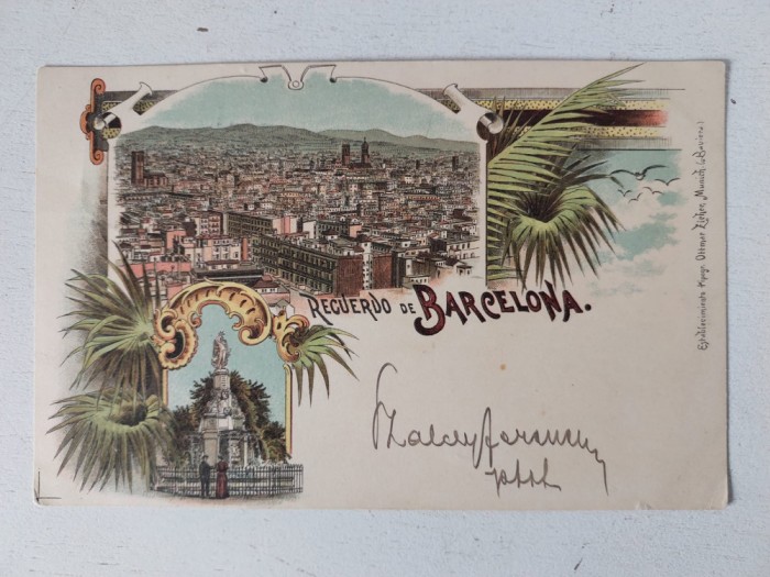 Carte postala veche, scrisa, citculata, anii 1890, REGUERDO DE BARCELONA, UNION POSTAL UNIVERSAL, design desen de artist grafic