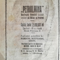 reclama ”Petrolmina”, Mine si petrol, 1922,16 x 23 cm, Bordeni, Bustenari, Gropi