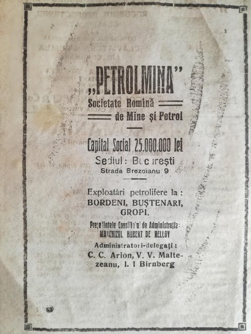 reclama &rdquo;Petrolmina&rdquo;, Mine si petrol, 1922,16 x 23 cm, Bordeni, Bustenari, Gropi