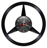 Ceas de perete decorativ realizat din disc de vinil, Model Sigla Simetrica Mercedes-Benz, Negru, 30 cm