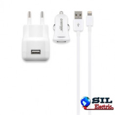 Incarcator Lightning USB + masina 12/24V pt iPhone, alb, Cabstone foto