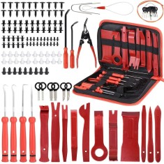 Trusa demontare interior auto, 139 piese, radio, panou de bord, usi, clipsuri, husa de protectie inclusa, rosu