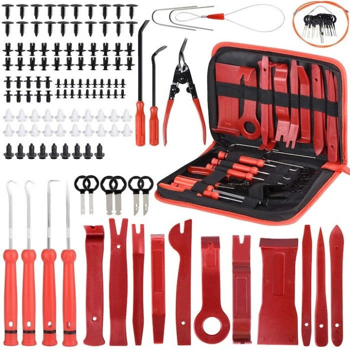 Trusa demontare interior auto, 139 piese, radio, panou de bord, usi, clipsuri, husa de protectie inclusa, rosu