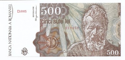 Romania 500 lei 1991 Ianuarie - Constantin Brancusi (279459) P-98a- UNC !!! foto