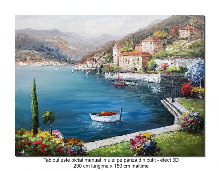 Tablou GIGANT pictat manual LA COMANDA, Peisaj lacul Como, vila Balbianello, 200x150cm ulei pe panza