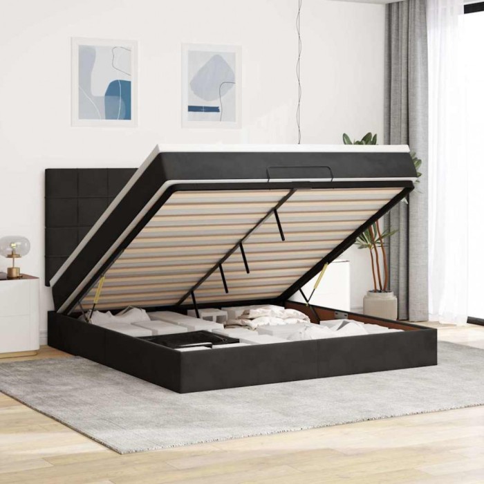 vidaXL Cadru de pat otoman cu saltele, catifea neagră 160x200cm 3314332