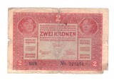 Bancnota Austro-Ungaria 2 kronen/korona/coroane 1917, circulata, uzata