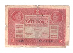 Bancnota Austro-Ungaria 2 kronen/korona/coroane 1917, circulata, uzata