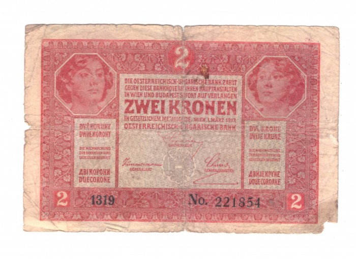 Bancnota Austro-Ungaria 2 kronen/korona/coroane 1917, circulata, uzata