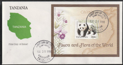 Tanzania 1998-FDC,Fauna si Flora in China,colita,ursulet Panda,Mi.Bl.403 foto