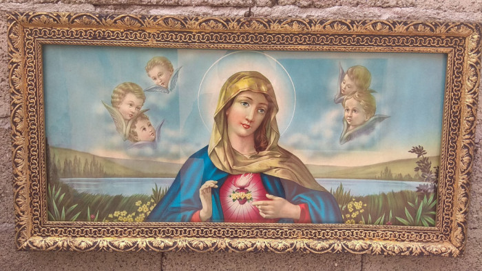 tablou litografie icoana veche Sfanta Fecioara Maria, dimensiuni 86cmx45cm