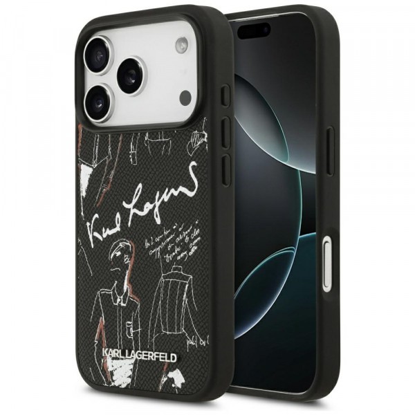 Husa pentru Apple iPhone 17 Pro, Karl Lagerfeld, Grained Pattern Logo, Neagra
