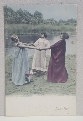 EMIL GARLEANU CATRE A.D. XENOPOL * , CARTE POSTALA ILUSTRATA , POLICROMA, TREI FETE DANSAND , CLASICA , CIRCULATA , 1902 foto
