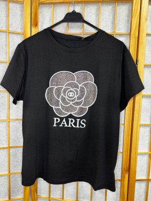 Tricou Negru cu imprimeu si aplicatii din strasuri, Paris foto