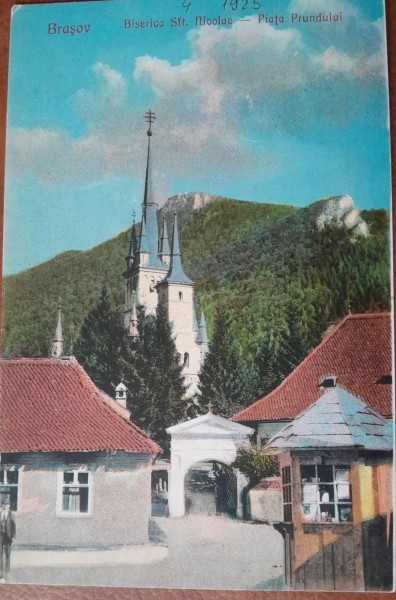 Carte postala, Brasov, biserica Sf.Nicolae, piata Prundului, 1925