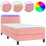 Cumpara ieftin Pat cu arcuri, saltea si LED, roz, 100x200 cm, catifea