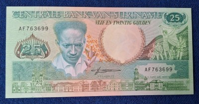 25 Gulden 1988 - Bancnota veche SURINAM, seria AF763699 - stare foarte buna UNC foto