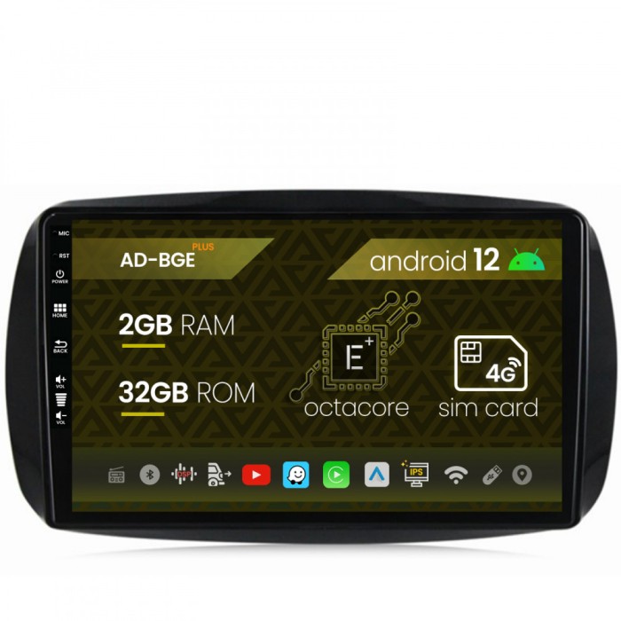 Navigatie Smart For Two (2016-Prezent), Android 12, E-Octacore 2GB RAM + 32GB ROM, 9 Inch - AD-BGE9002+AD-BGRKIT412