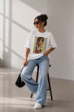 Tricou dama alb din bumbac cu imprimeu rustic galben