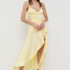 Bardot rochie culoarea galben, maxi, evazati