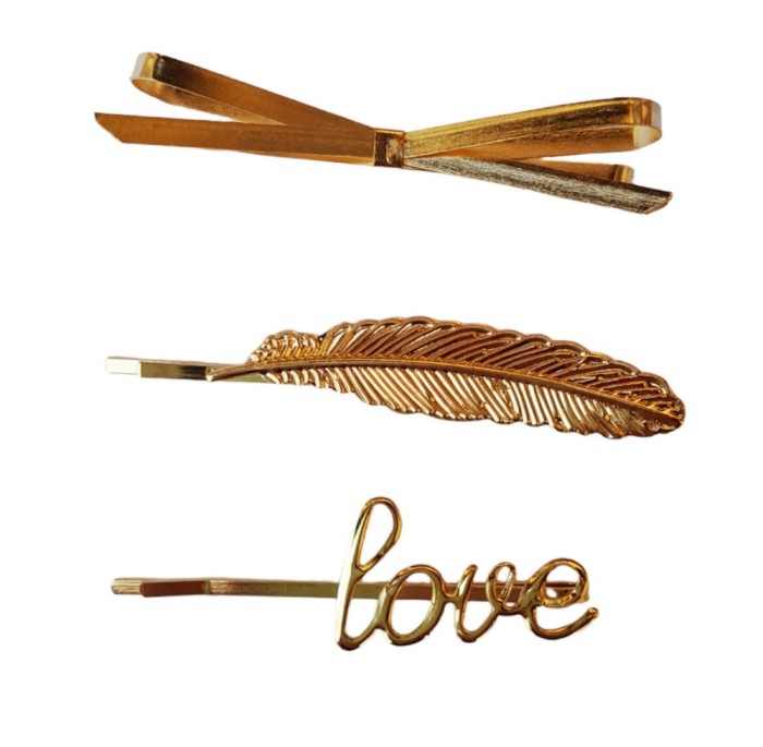 Set 3 agrafe de par, Funda, Pana, Love, 6 cm, Auriu, 33BJ