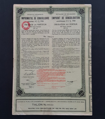 Obligatiune 100 franci 1934 , imprumutul de consolidare , actiuni , titlu foto