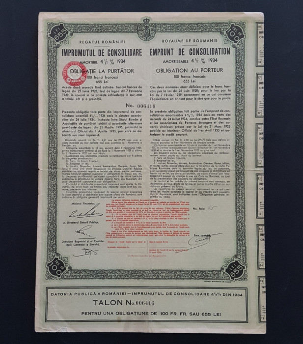 Obligatiune 100 franci 1934 , imprumutul de consolidare , actiuni , titlu