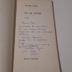 Nicolae Lupu Carte cu autograf Versuri Ce se cuvine