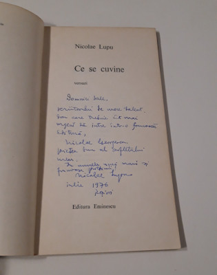 Nicolae Lupu Carte cu autograf Versuri Ce se cuvine foto