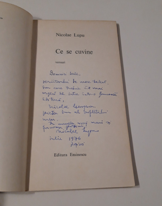 Nicolae Lupu Carte cu autograf Versuri Ce se cuvine