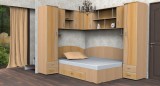Dormitor Tineret Colt Fag Cires, Set 4 Piese: Dulapuri, Rafturi, Sertare. Dimensiuni 247x200 cm. Pat inclus