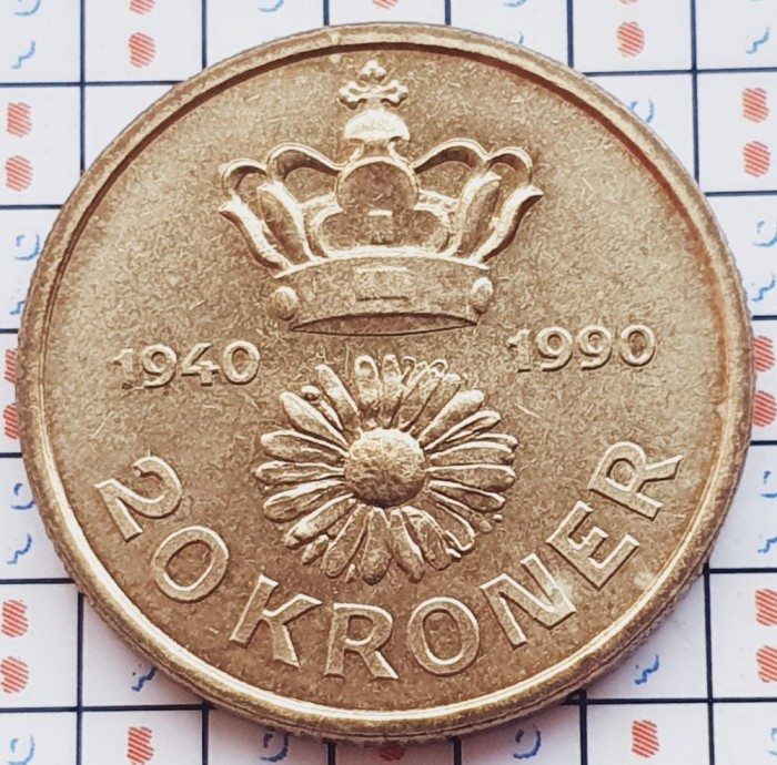 1154 Danemarca 20 kroner 1990 Margrethe II (50th Birthday) km 870