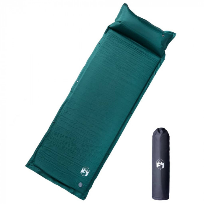 vidaXL Saltea camping auto-gonflabilă, cu pernă, 1 persoană, verde