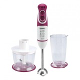 Blender de mana Heinner, 600 W, 5 viteze, vas 700 ml, functie turbo, mini-tocator, Alb/Visiniu