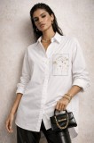 Camasa dama alba din bumbac cu broderie minimalista