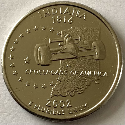 AMERICA QUARTER 1/4 DOLLAR 2002 LITERA P.(CROSSROADS AMERICA-INDIANA),PL.PLATINA foto