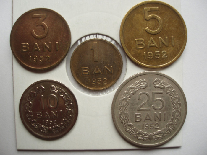ROMANIA - LOT 1 BAN + 3 BANI + 5 BANI + 10 BANI + 25 BANI 1952 AUNC, LCP1.131