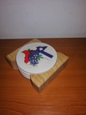 4x suport suporturi pahare de colectie de bautura ceramica rotunda si pluta in cutie lemn Counter Art USA