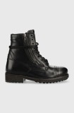 Pepe Jeans cizme de piele Melting Combat Warm W femei, culoarea negru, cu toc plat