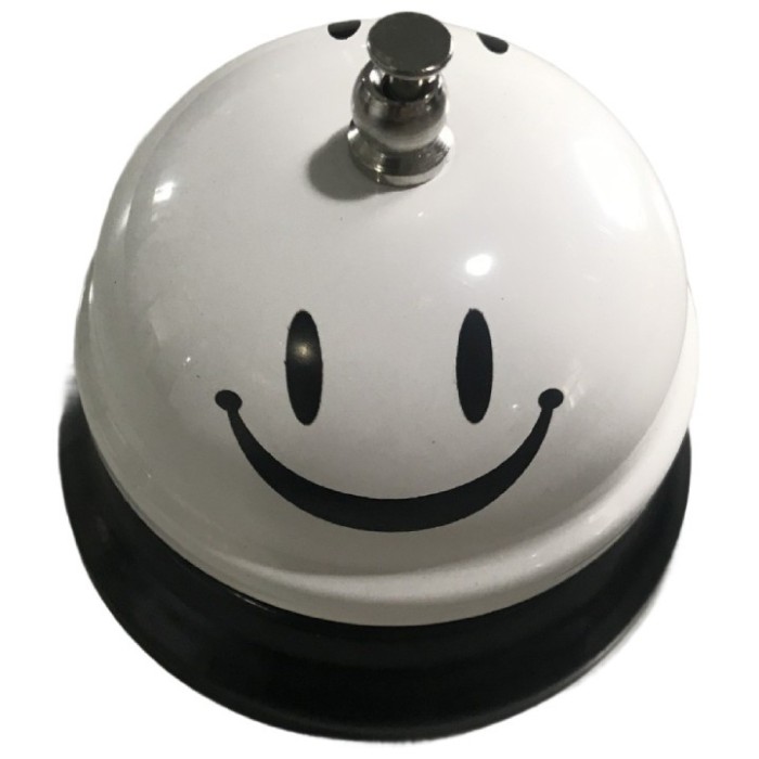 Clopotel metalic multifunctional, flippy, alb cu imprimeu smiley face, 7.5x7.5x6.5 cm, receptie, restaurant, cafenele