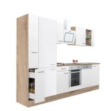 Mobilier de bucătărie Yorki 310, corp din stejar Sonoma, fațadă albă cu finisaj satinat, cu element inferior pentru cuptor și dulap cu rafturi, fără b