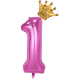 Balon din Folie Metalizata Cyrax, Figurina Cifra si Coroana, Tema Aniversare 100 cm, Ambalaj Individual, Pai inclus, Umflare cu Aer sau Heliu, Roz, Ci