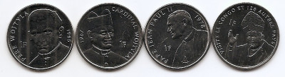 Zair (Congo) Set 4 - 1, 1, 1, 1 Francs 2004 - Pope Paul II, B11, UNC !!! foto