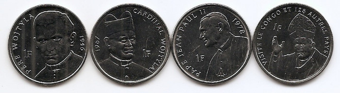 Zair (Congo) Set 4 - 1, 1, 1, 1 Francs 2004 - Pope Paul II, B11, UNC !!!