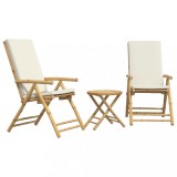 Set de bistro pliabil, 3 piese, cu perne alb crem, bambus
