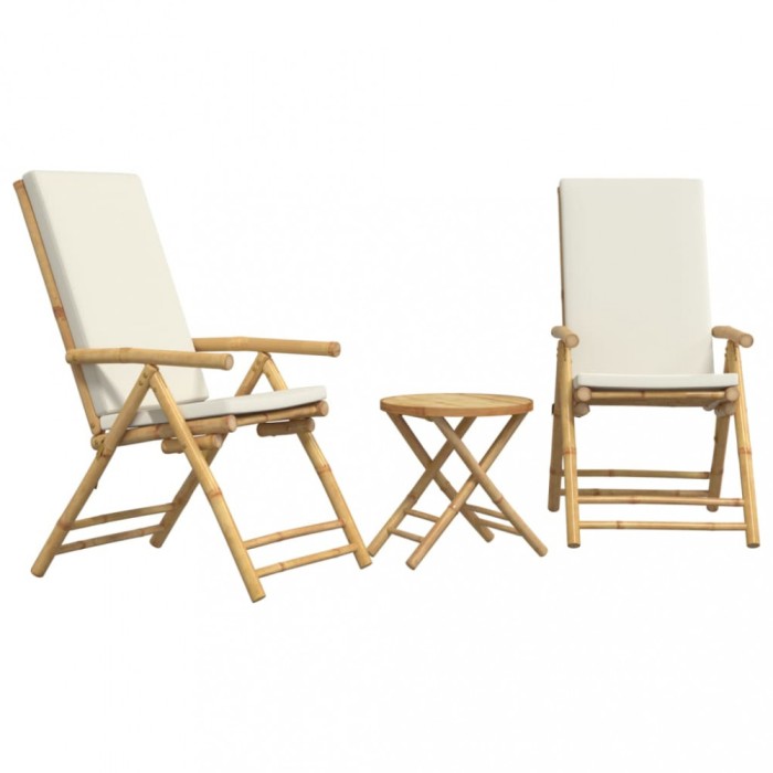 Set de bistro pliabil, 3 piese, cu perne alb crem, bambus