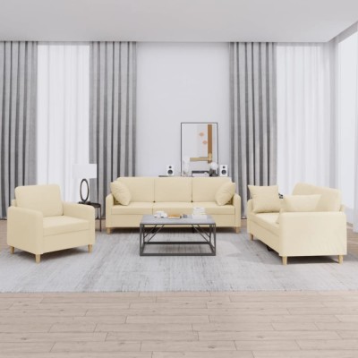 vidaXL Set de canapele cu perne, 3 piese, crem, textil 3202072 foto
