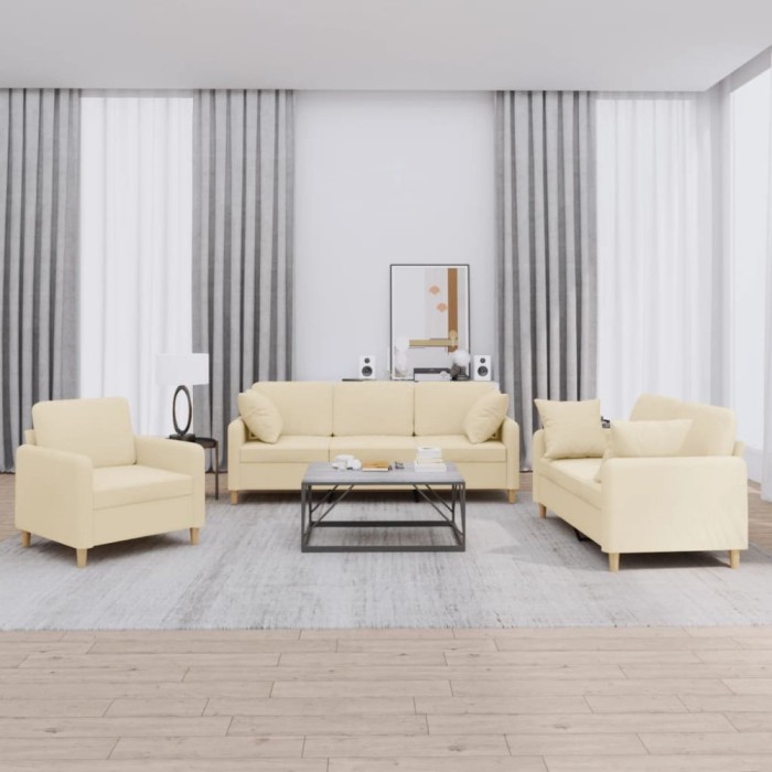 vidaXL Set de canapele cu perne, 3 piese, crem, textil 3202072